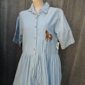 Vintage Chambray Light Blue Cotton Dress Embroidered Horses Western M As Is